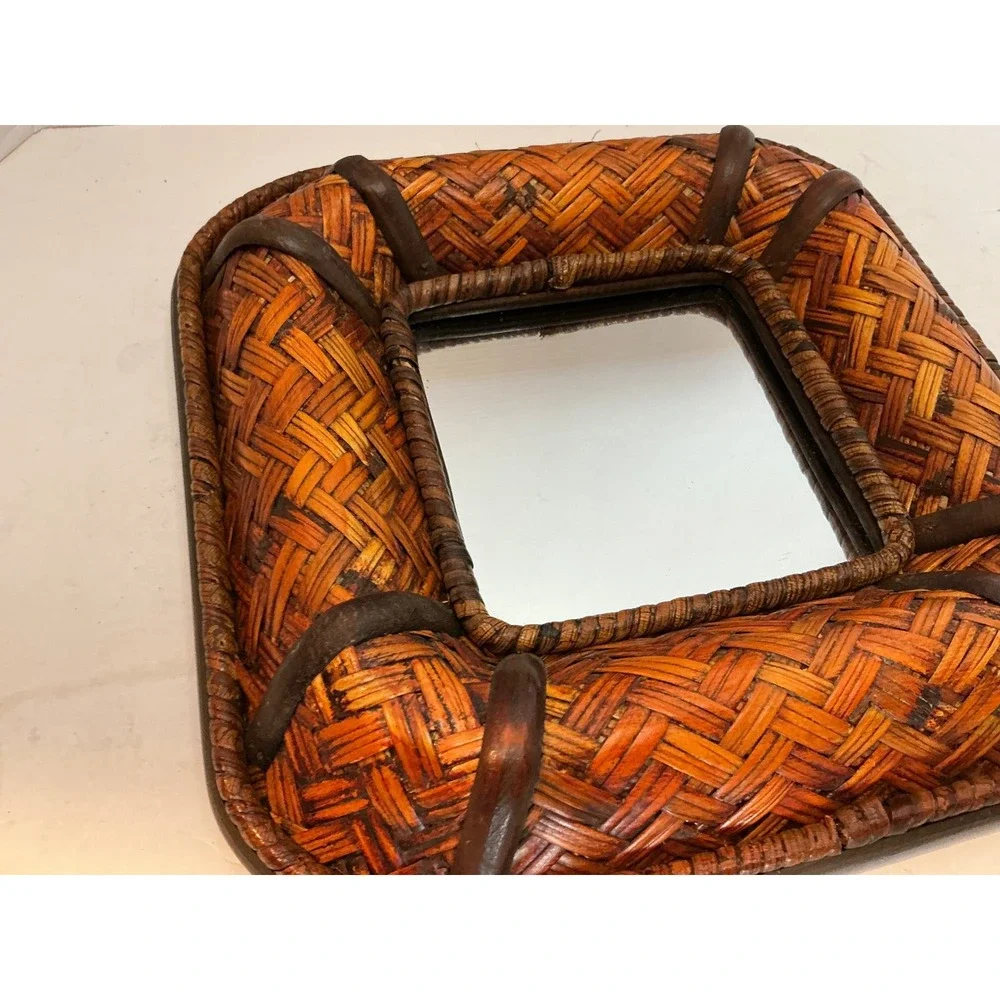 Vintage Woven Rattan Bamboo Square Wall Mirror Boho Decor 10in Small